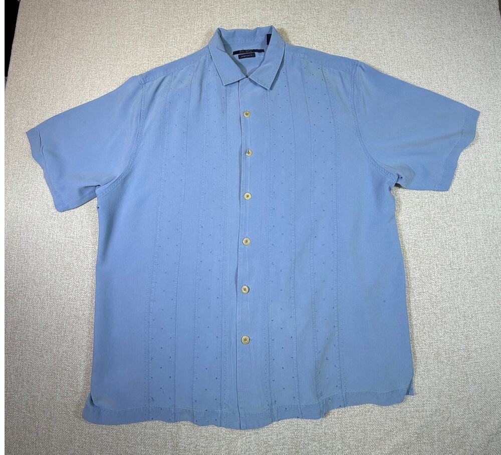 Nat Nast Mens XL Blue Silk American Fit Short Sleeve Button Front Bowling Shirt